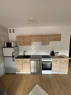 a kitchen with stainless steel appliances and wooden cabinets at Cozy Studio Apartment Krakow in Kraków