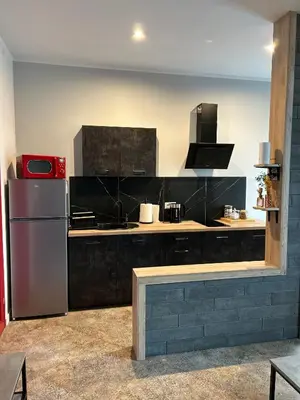 a kitchen with a stainless steel refrigerator in a room at La Ville - Rouge in Zator
