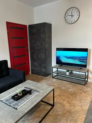 a living room with a couch and a tv and a clock at La Ville - Rouge in Zator