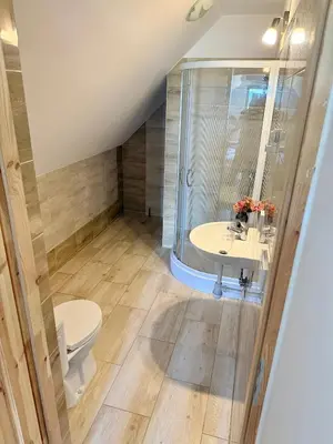 a bathroom with a shower and a toilet and a sink at Pod Lachowym Groniem in Koszarawa