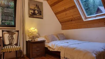 a bedroom with a bed and a window at Dom Pod Salamandrą Koninki in Poręba Wielka