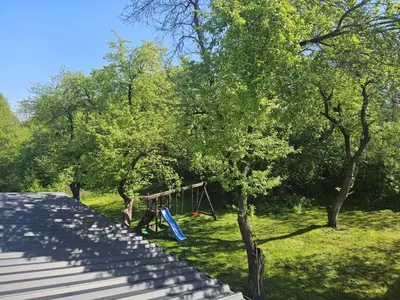 a playground in a park next to trees at Noclegi Primavera in Jaśkowice
