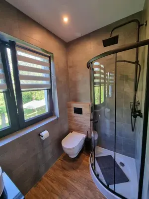 a bathroom with a toilet and a glass shower at Noclegi Primavera in Jaśkowice