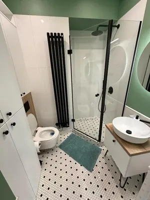 a bathroom with a shower and a toilet and a sink at Heron Apartment - Old Town Kraków in Kraków