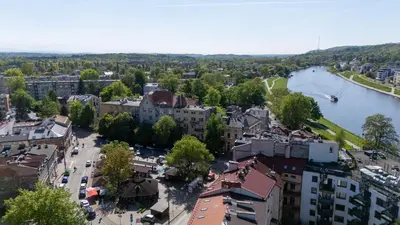 an aerial view of a city with a river at Malila Premium Apartments Cracow Rynek Dębnicki 8 in Kraków
