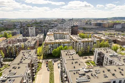 an aerial view of a city with buildings at Grzegórzki Apt - Top location and Parking by Rentujemy in Kraków