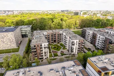 an aerial view of buildings in a city at Grzegórzki Apt - Top location and Parking by Rentujemy in Kraków