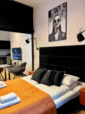 a bedroom with a bed with a black headboard at Old Town Libra Apartment in Kraków