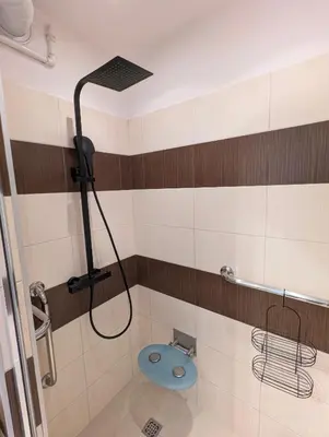 a bathroom with a shower with a blue toilet at Apartament na Kazimierzu in Kraków