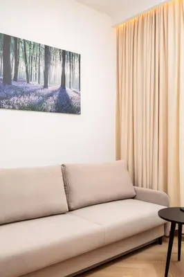a couch in a room with a painting on the wall at City of the Kings - Riverside K22 M13&28 in Kraków