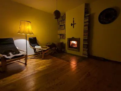 a living room with a fireplace and a chair and a lamp at Modernistyczna willa poety i aktorki, z widokiem na jezioro i góry oraz prywatnym basenem, sauną, kominkiem, lasem i ogrodem in Rożnów
