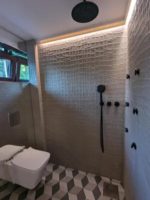 a bathroom with a shower with a toilet and a shower at Modernistyczna willa poety i aktorki, z widokiem na jezioro i góry oraz prywatnym basenem, sauną, kominkiem, lasem i ogrodem in Rożnów