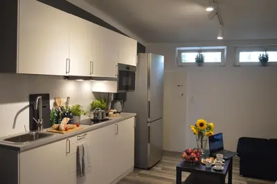 a kitchen with white cabinets and a stainless steel refrigerator at KING JAGIELLO Apartment in Kraków