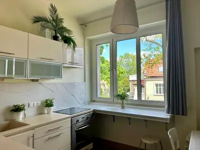 a kitchen with a sink and a window with plants at Dom Parkowy in Kraków