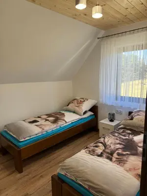 a bedroom with two beds and a window at Agroturystyka Nad Lasem - Domki w górach in Toporzysko
