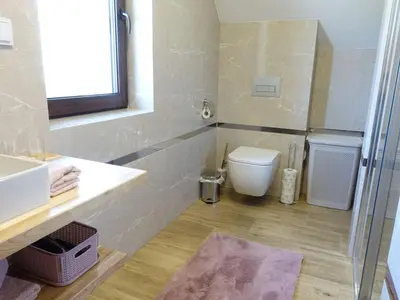 a bathroom with a white toilet and a sink at Agroturystyka Nad Lasem - Domki w górach in Toporzysko