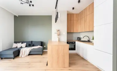 a living room with a couch and a kitchen at Malila Premium Apartments Cracow Rakowicka 437 in Kraków