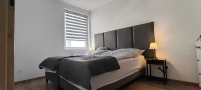 a bedroom with a large bed and a window at Apartment Orlińskiego in Kraków