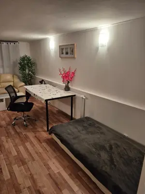 a room with a bed and a table and a desk at Pokoj u Eleni #2 in Kraków