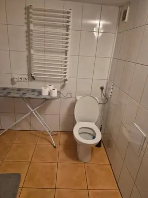 a bathroom with a white toilet in a room at Pokoj u Eleni #5 in Kraków