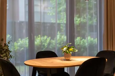 a table with a potted plant on it in front of a window at Kościuszki Chic Studio with Garden by BookingHost in Kraków