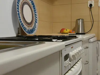 a kitchen with a stove with a plate on top of it at Apartament Jagielloński in Kraków