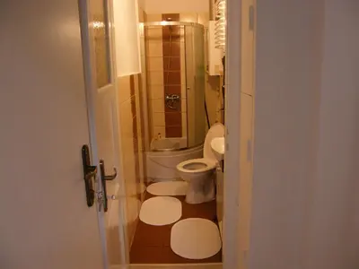 a small bathroom with a toilet and a shower at Apartament Jagielloński in Kraków