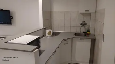 a small kitchen with a sink and a counter top at Apartamenty Asia Kraków in Kraków