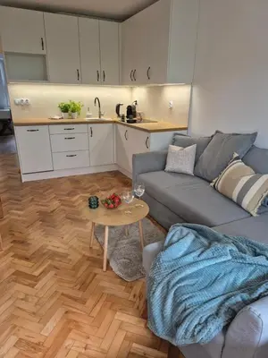 a living room with a couch and a table at Dąbie Park Apartament in Kraków