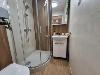 a bathroom with a shower and a sink at Dąbie Park Apartament in Kraków