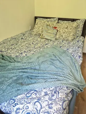 a bed with a blue and white blanket and pillows at Dąbie Park Apartament in Kraków