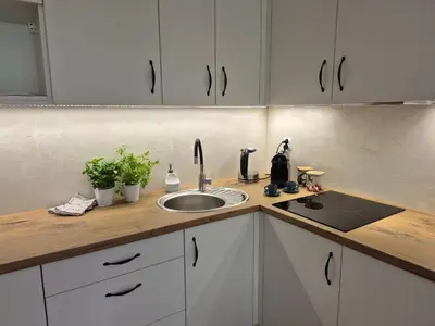 a kitchen with a sink and a counter top at Dąbie Park Apartament in Kraków