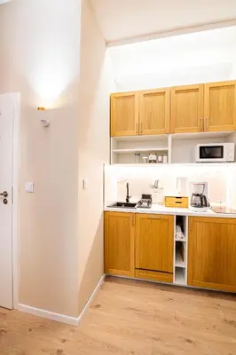 a kitchen with wooden cabinets and a sink at PAUL-IN-SKY Apartment Krakow in Kraków