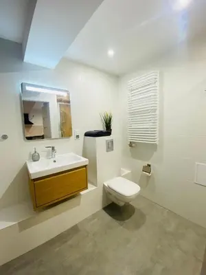 a bathroom with a toilet and a sink and a mirror at Rzeszowska 5 Apt 02 in Kraków