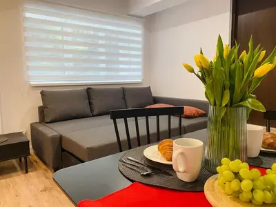 a living room with a couch and a table at Rzeszowska 5 Apt 02 in Kraków