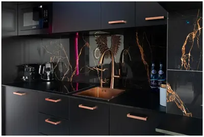 a black kitchen with a sink and a microwave at Jacuzzi Glass-House Rakowicka 20 Central Station in Kraków