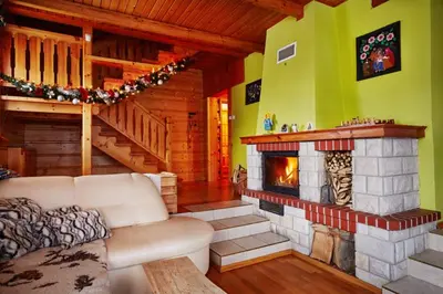 a living room with a couch and a fireplace at Drewniany Dom Rabka Zdrój in Rabka