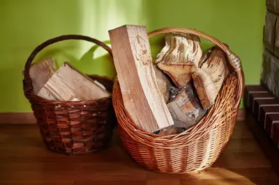 two baskets sitting on top of a wooden floor at Drewniany Dom Rabka Zdrój in Rabka