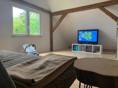 a bedroom with a bed and a flat screen tv at Chatka na Lipowych Wzgórzach in Marcówka
