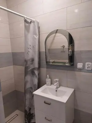 a bathroom with a sink and a mirror at Ważka - pokoje do wynajęcia in Targoszów