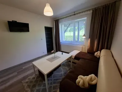 a living room with a couch and a table at Ważka - pokoje do wynajęcia in Targoszów