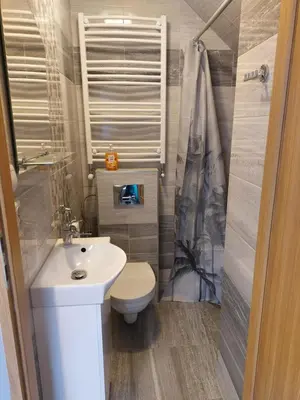 a bathroom with a white sink and a toilet at Ważka - pokoje do wynajęcia in Targoszów