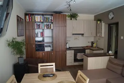 a kitchen and living room with a large book shelf at Old Town Apartment Kazimierz in Kraków