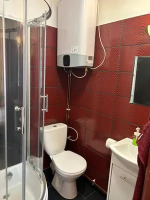 a small bathroom with a toilet and a shower at Pokoje Gościnne 
