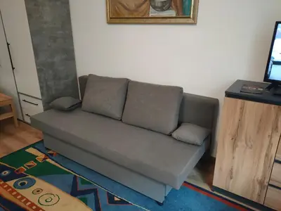 a couch sitting in a living room next to a wall at Apartment with kitchenette in Kraków