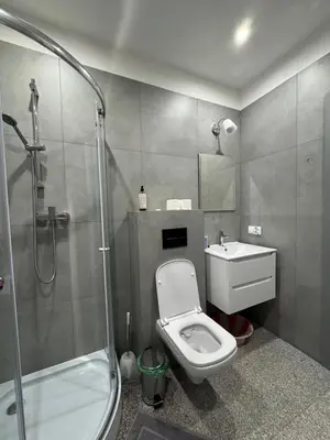 a bathroom with a shower and a toilet and a sink at Apartment with kitchenette in Kraków