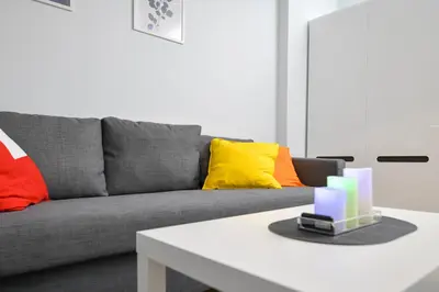 a living room with a gray couch with colorful pillows at JJ Apartment Zator Energylandia in Zator