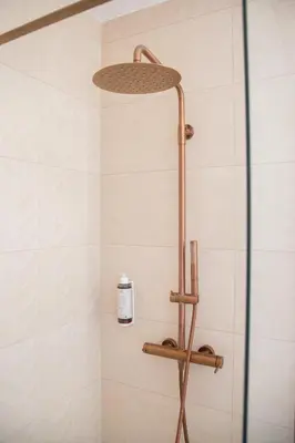 a shower with a glass door and a shower head at Nad Jeziorem in Rożnów