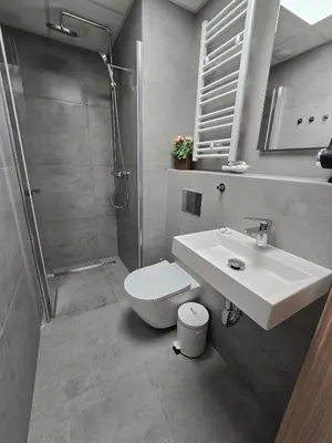 a bathroom with a sink and a shower and a toilet at Royal Kątowa Apartment in Kraków