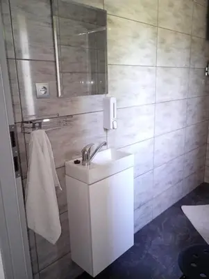 a bathroom with a white sink and a mirror at Agroturystyka u Pauliny in Sąspów